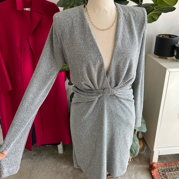 Zara Silver Glittery Knot Front Shoulder Padded Cocktail Holiday Dress NWOT - Picture 3 of 10